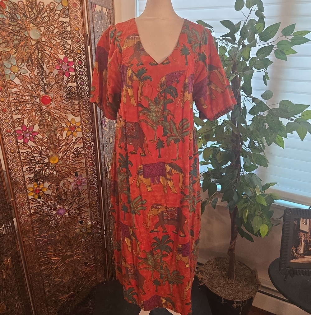 VTG 70s La Cera Cotton Wearable Art Elephant Boho Grandma Midi Dress Small
